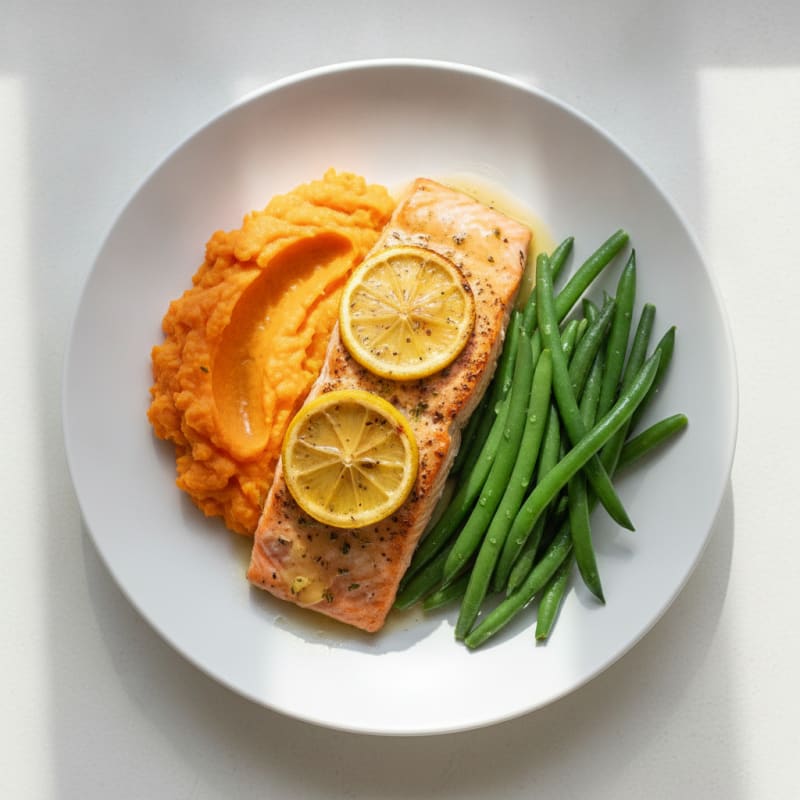 Baked Salmon with Steamed Green Beans and Sweet Potato Mash