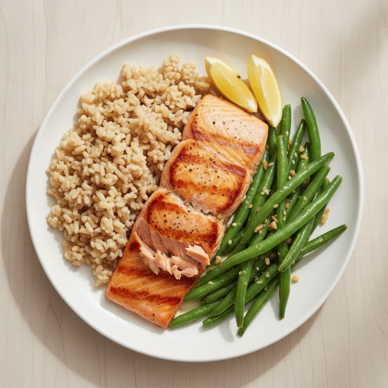 Seared Salmon with Garlic Green Beans and Brown Rice