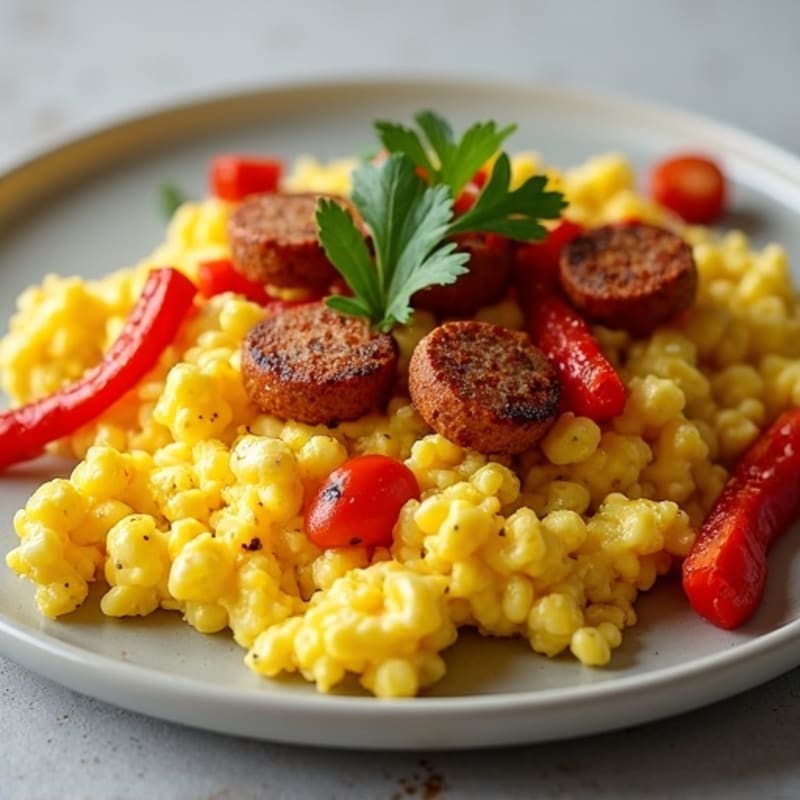 Scrambled Eggs with Chorizo and Roasted Peppers
