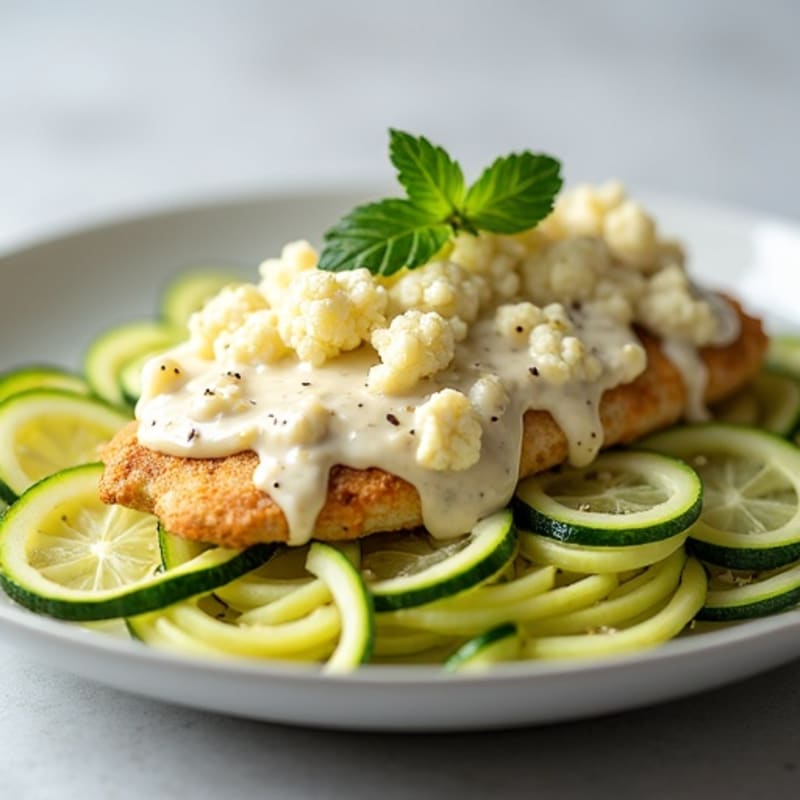 Creamy Cauliflower Alfredo Chicken with Zucchini Noodles