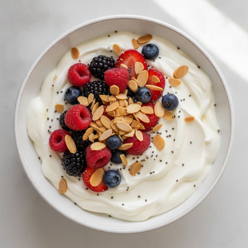 Silky Greek Yogurt Protein Bowl with Mixed Berries and Almonds