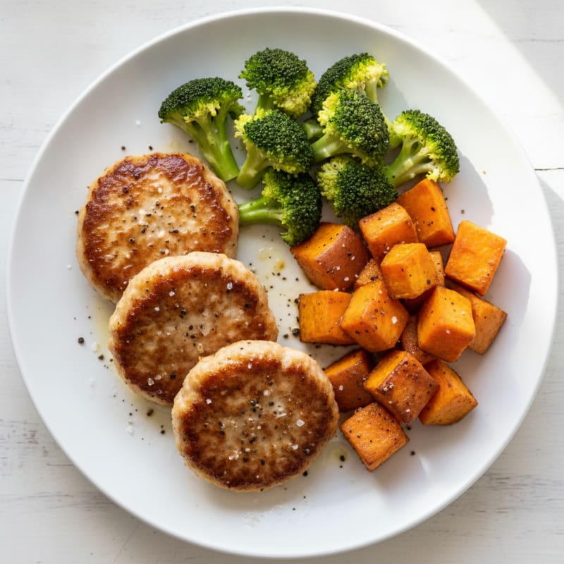 Seared Turkey Patties with Roasted Sweet Potato and Steamed Broccoli