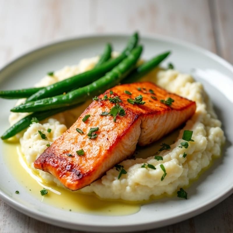 Seared Salmon with Garlic Green Beans and Cauliflower Mash
