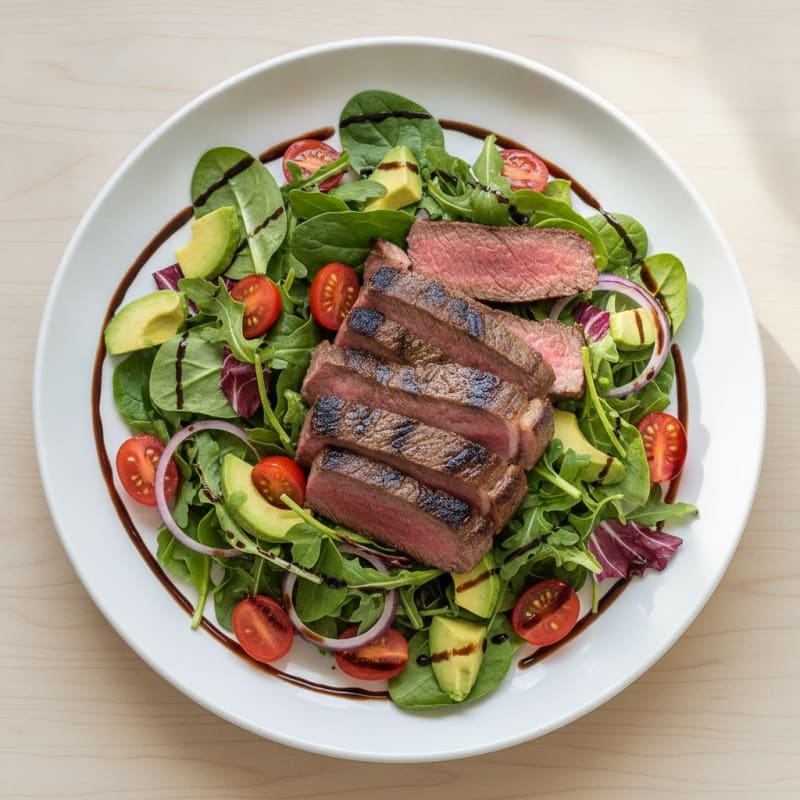 Grilled Steak Salad with Crunchy Mixed Greens and Cherry Tomatoes