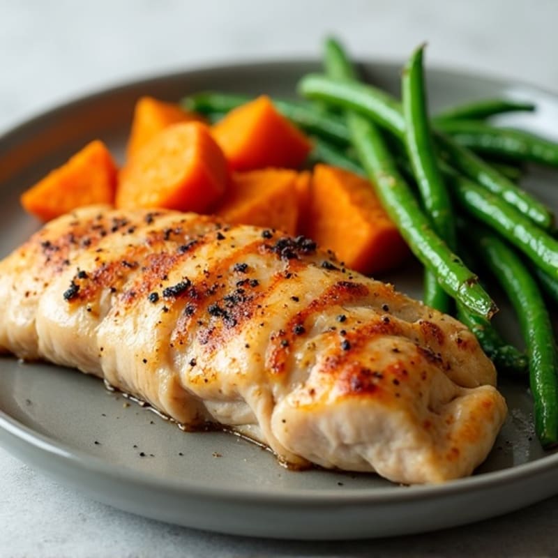 Seared Turkey Breast with Roasted Sweet Potatoes and Green Beans