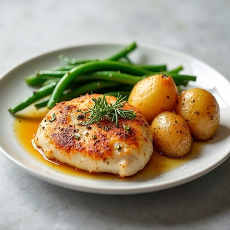 Crispy Roasted Potatoes with Garlic-Herb Chicken and Steamed Green Beans