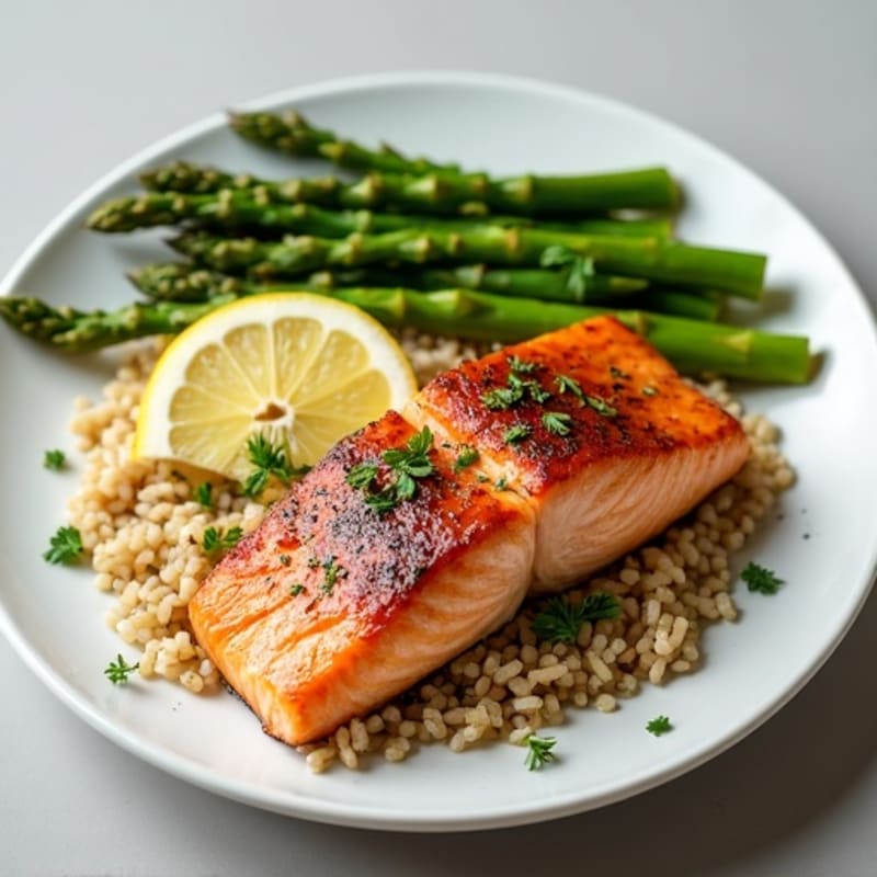 Seared Salmon with Steamed Asparagus and Herbed Brown Rice