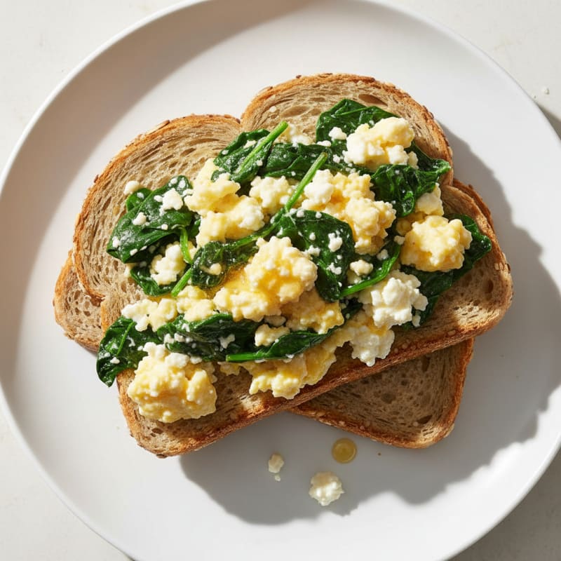 Scrambled Eggs with Cottage Cheese and Spinach on Whole Grain Toast