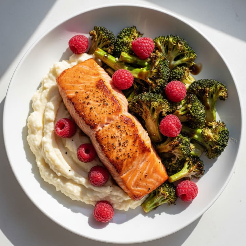 Seared Salmon with Roasted Broccoli and Garlic Mashed Cauliflower