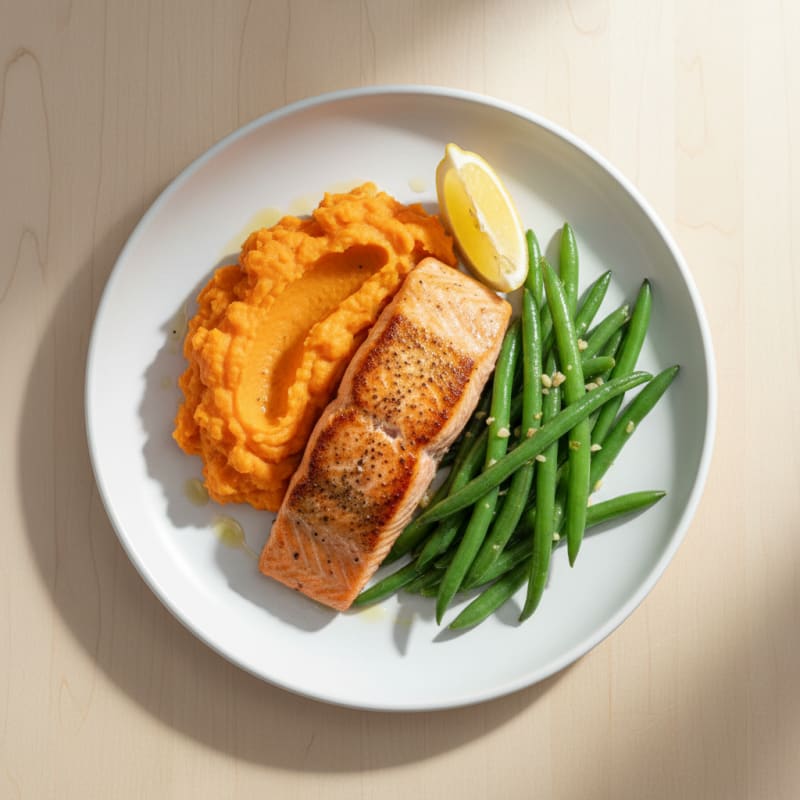 Seared Salmon with Garlic Green Beans and Mashed Sweet Potato