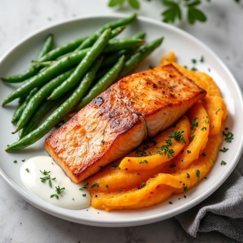 Seared Salmon with Steamed Green Beans and Sweet Potato Mash