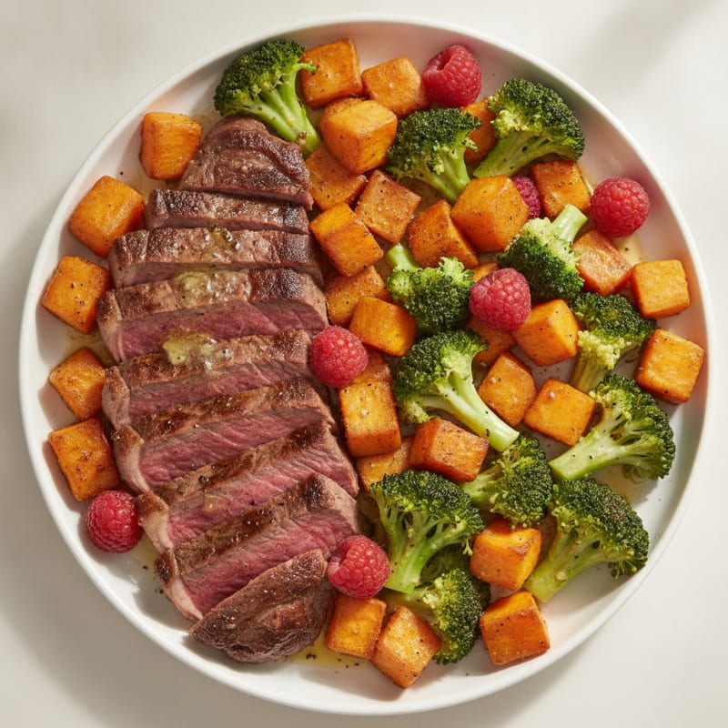 Seared Lean Beef with Roasted Sweet Potato and Steamed Broccoli