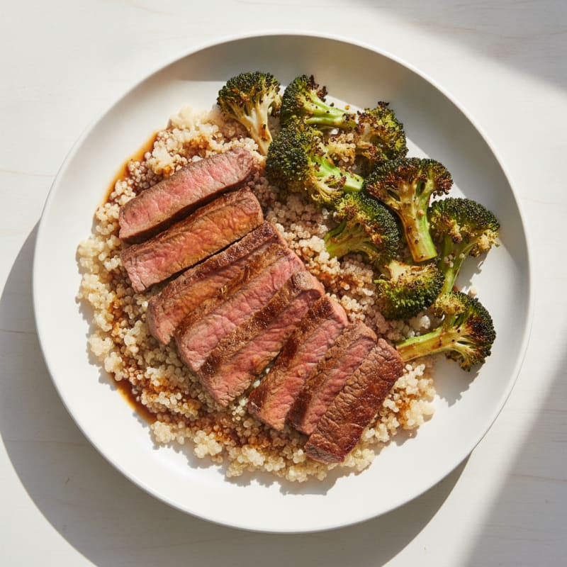 Seared Beef Strips with Roasted Broccoli and Quinoa