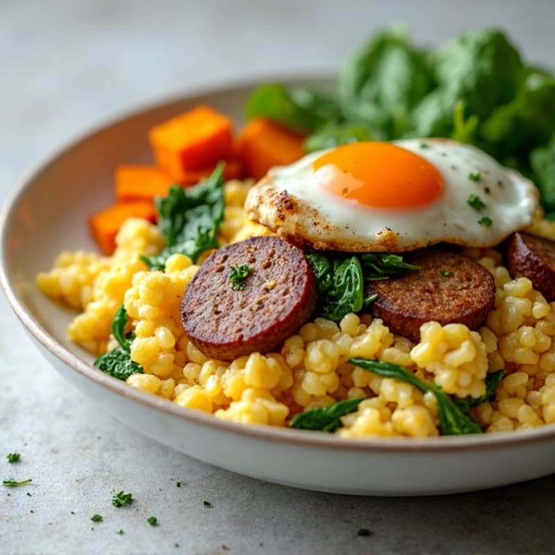Egg White and Turkey Sausage Scramble with Spinach and Roasted Sweet Potato