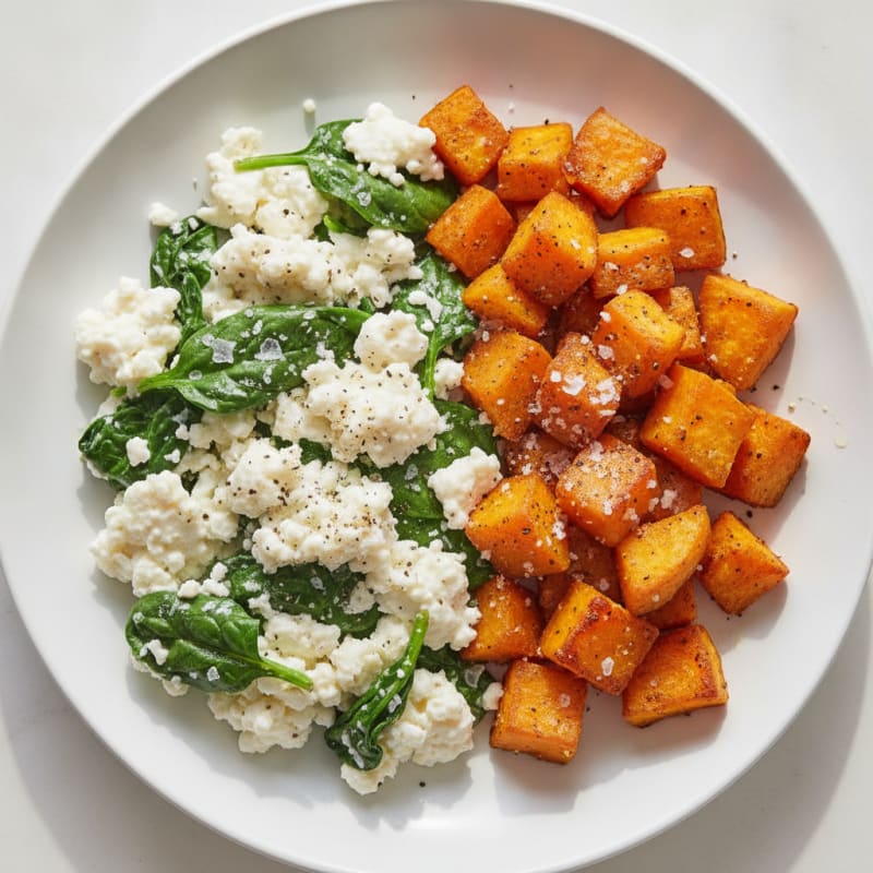 Egg White and Cottage Cheese Scramble with Spinach and Roasted Sweet Potatoes