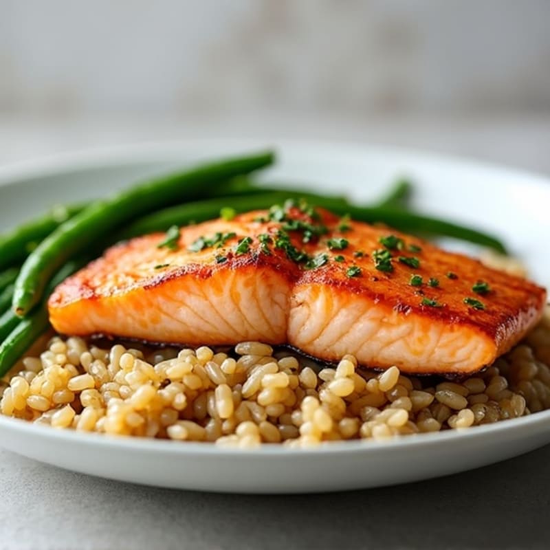 Seared Salmon with Garlic Green Beans and Brown Rice