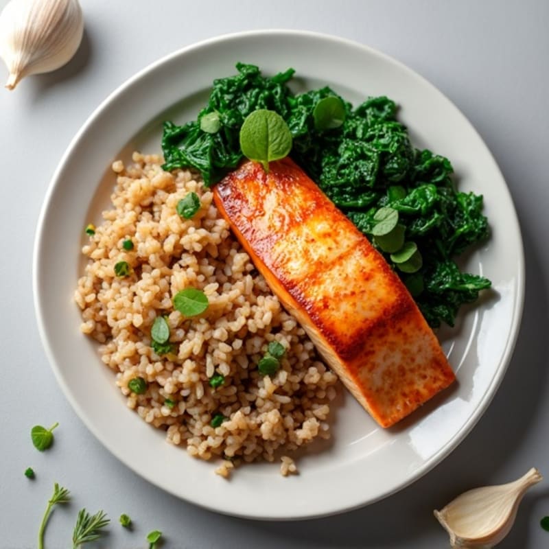 Seared Salmon with Garlic Sautéed Spinach and Brown Rice