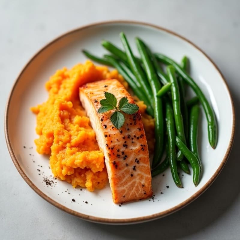 Baked Salmon with Garlic Green Beans and Sweet Potato Mash