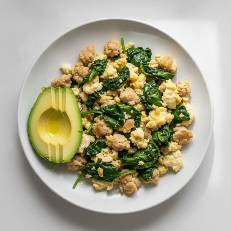 Egg White and Turkey Sausage Scramble with Sautéed Spinach