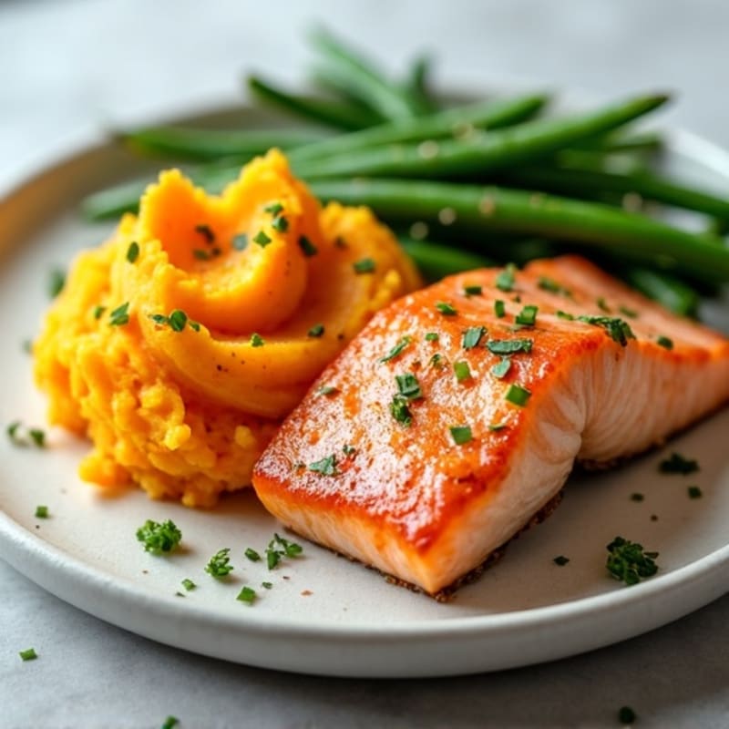 Seared Salmon with Garlic Green Beans and Sweet Potato Mash
