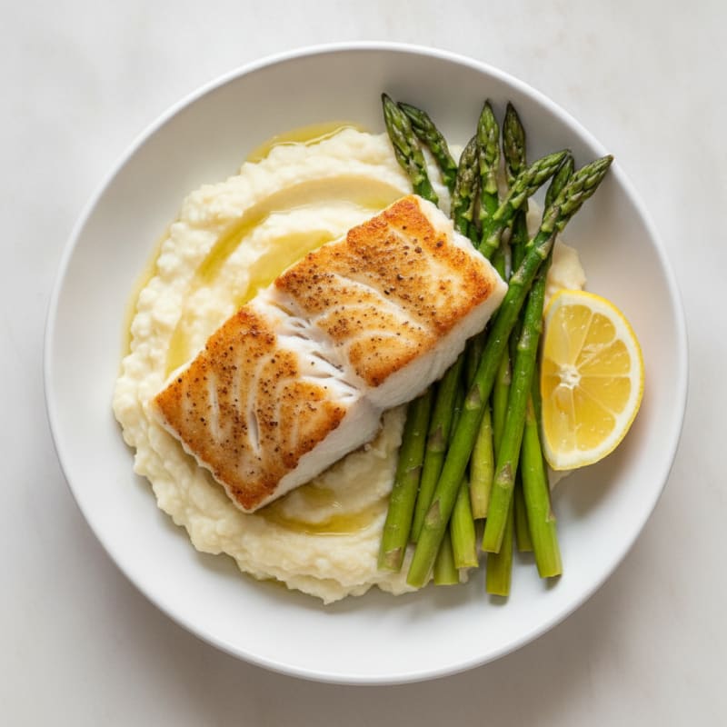 Seared Cod with Roasted Asparagus and Cauliflower Mash
