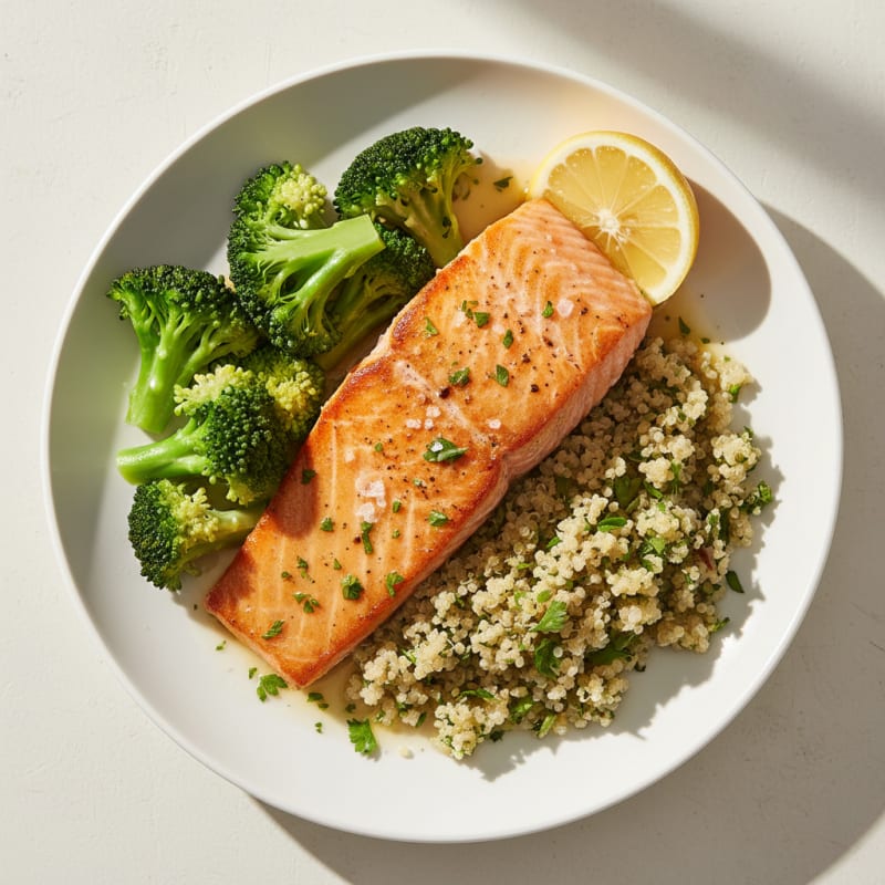Seared Salmon with Herb Quinoa and Steamed Broccoli