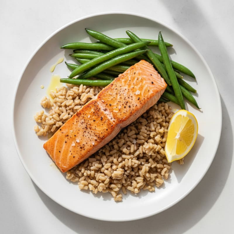 Seared Salmon with Steamed Green Beans and Brown Rice