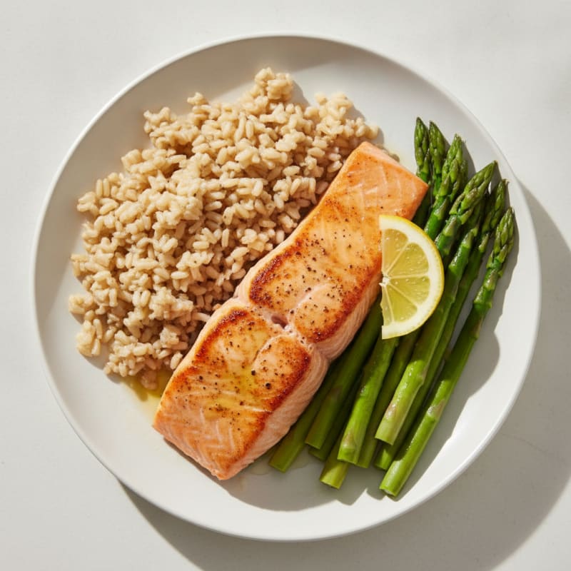 Seared Salmon with Steamed Asparagus and Brown Rice
