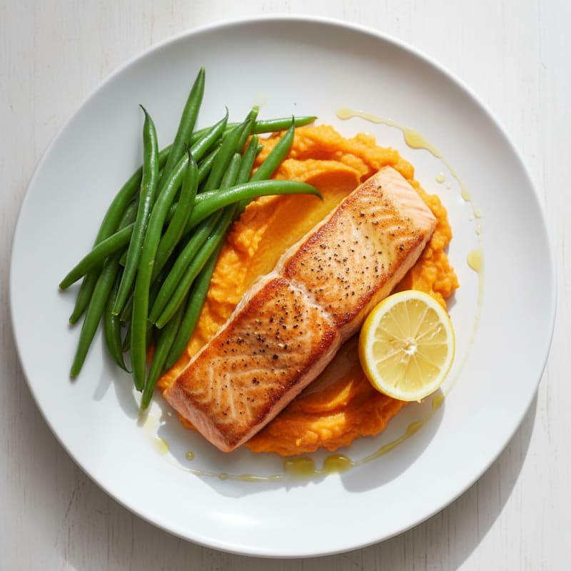 Seared Salmon with Steamed Green Beans and Sweet Potato Mash