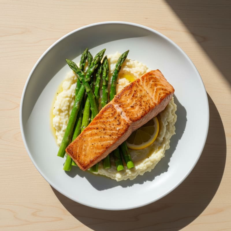 Seared Salmon Fillet with Steamed Asparagus and Cauliflower Mash