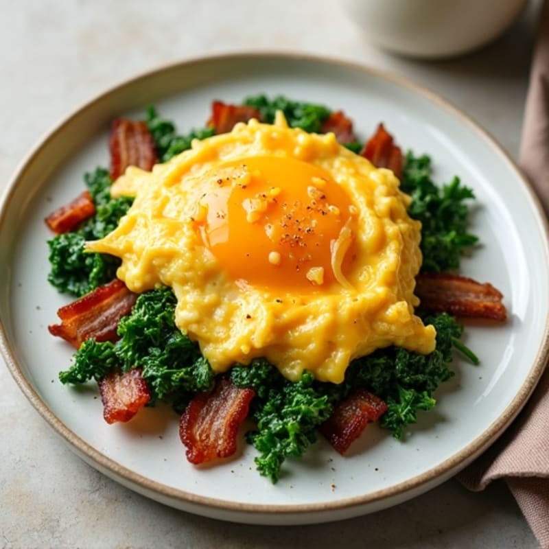 Cheesy Scrambled Eggs with Sautéed Spinach and Crispy Turkey Bacon