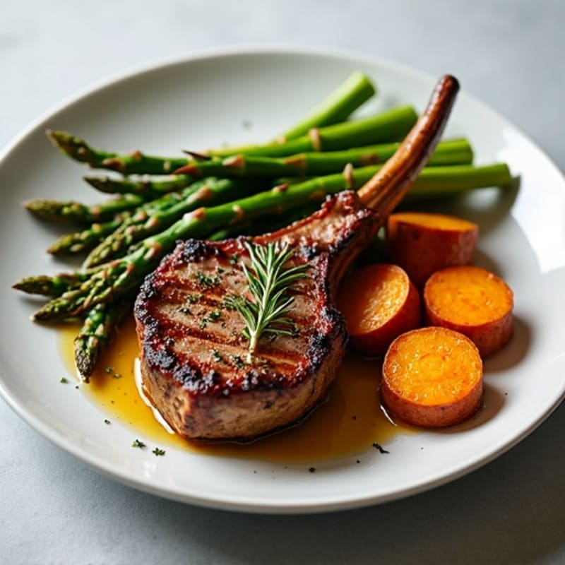 Herb-Grilled Lamb Chops with Roasted Asparagus and Crispy Sweet Potatoes
