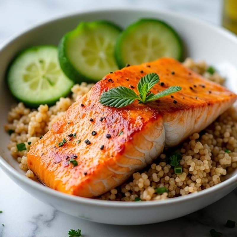 Pan-Seared Salmon Brown Rice Bowl with Fresh Cucumber and Avocado