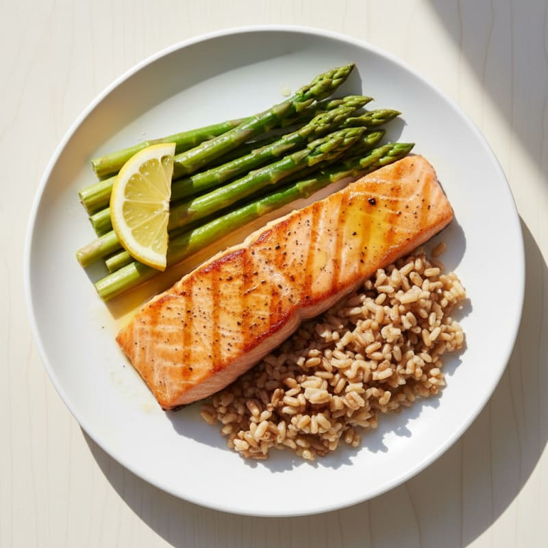 Seared Salmon Fillet with Steamed Asparagus and Brown Rice