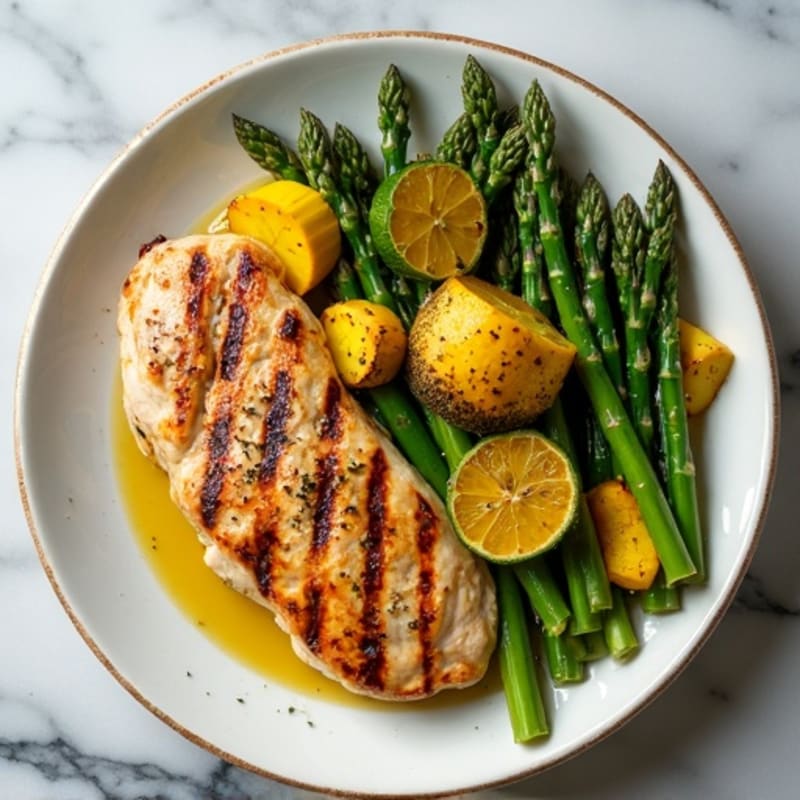 Grilled Chicken Breast with Roasted Asparagus and Squash Medley