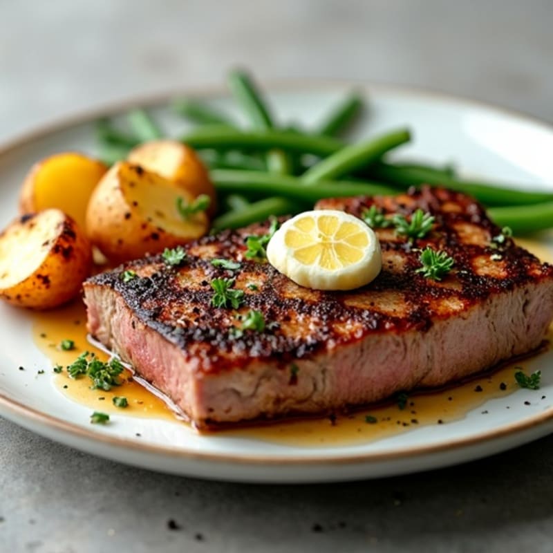 Pan-Seared Garlic Butter Steak with Crispy Roasted Potatoes and Green Beans
