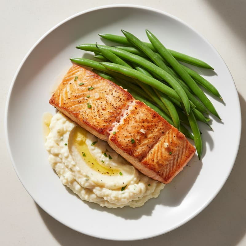 Seared Salmon with Steamed Green Beans and Garlic Mashed Cauliflower
