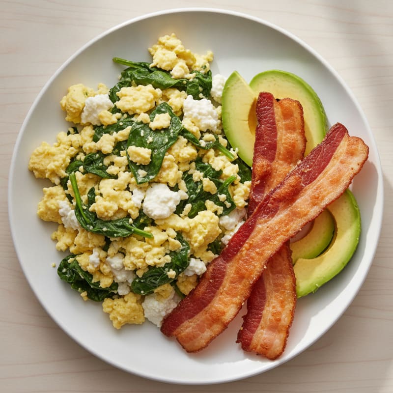 Cottage Cheese Egg Scramble with Spinach and Turkey Bacon