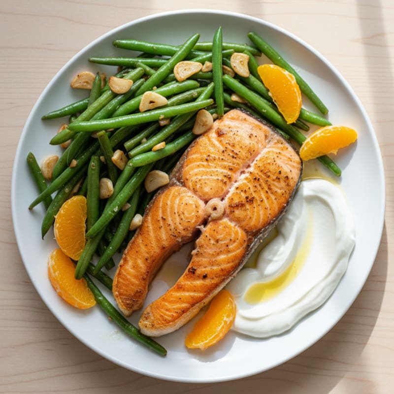 Pan-Seared Salmon with Roasted Green Beans and Orange Slices