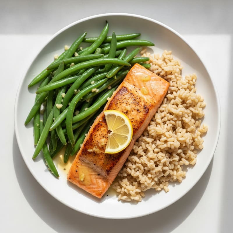 Seared Salmon Fillet with Garlic Green Beans and Brown Rice