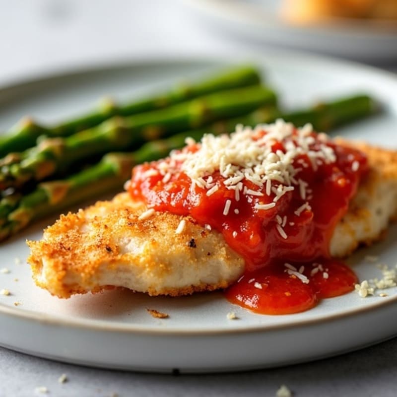 Healthy Crispy Chicken Parmesan with Roasted Asparagus