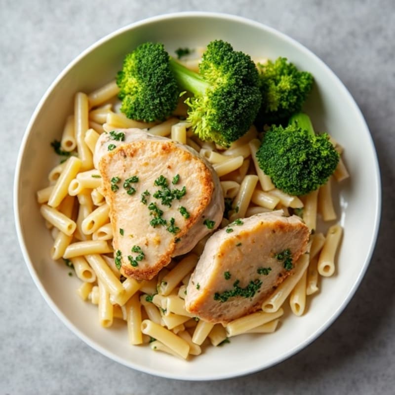 Creamy Garlic Chicken Pasta with Roasted Broccoli