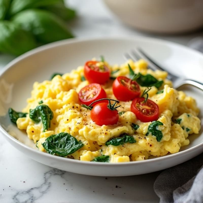 Creamy Scrambled Eggs with Fresh Spinach and Cherry Tomatoes