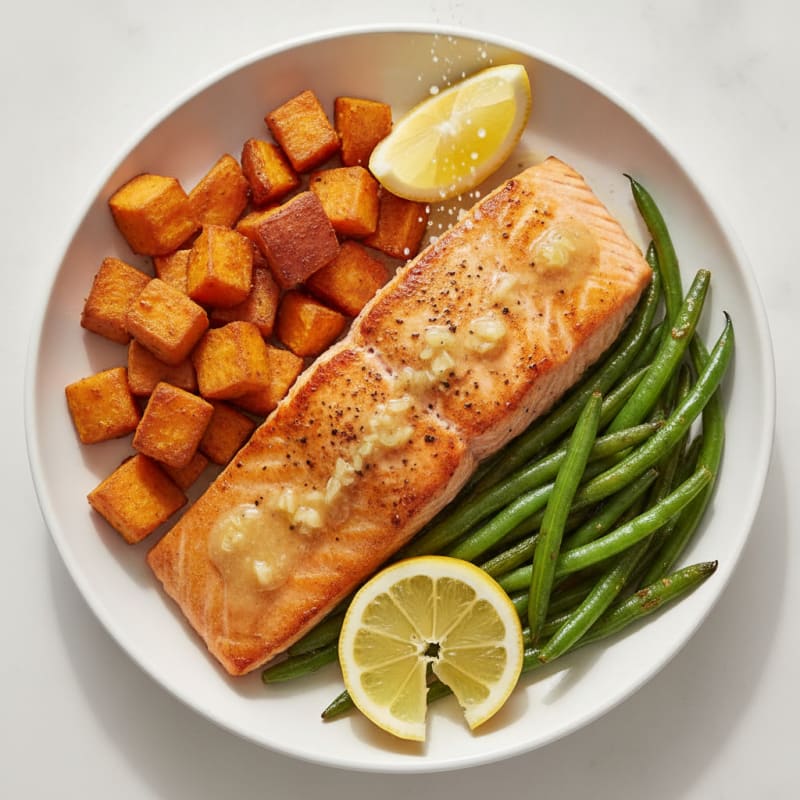 Seared Salmon Fillet with Roasted Sweet Potatoes and Green Beans