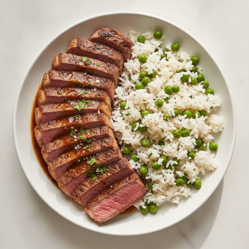 Pan-Seared Steak with Rice and Peas