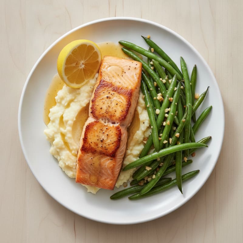 Seared Salmon Fillet with Garlic Green Beans and Mashed Cauliflower