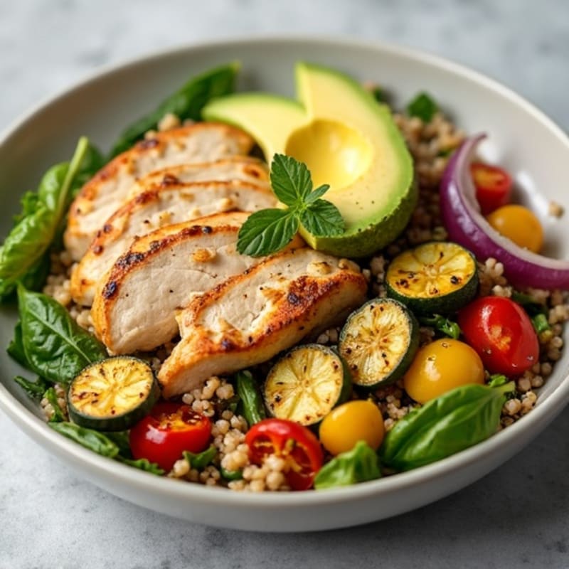 Grilled Chicken and Quinoa Salad with Roasted Vegetables and Lemon Vinaigrette