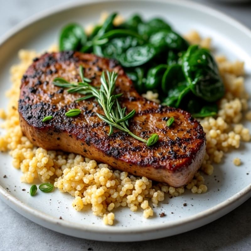 Herb-Crusted Seared Steak with Garlic Quinoa and Wilted Spinach