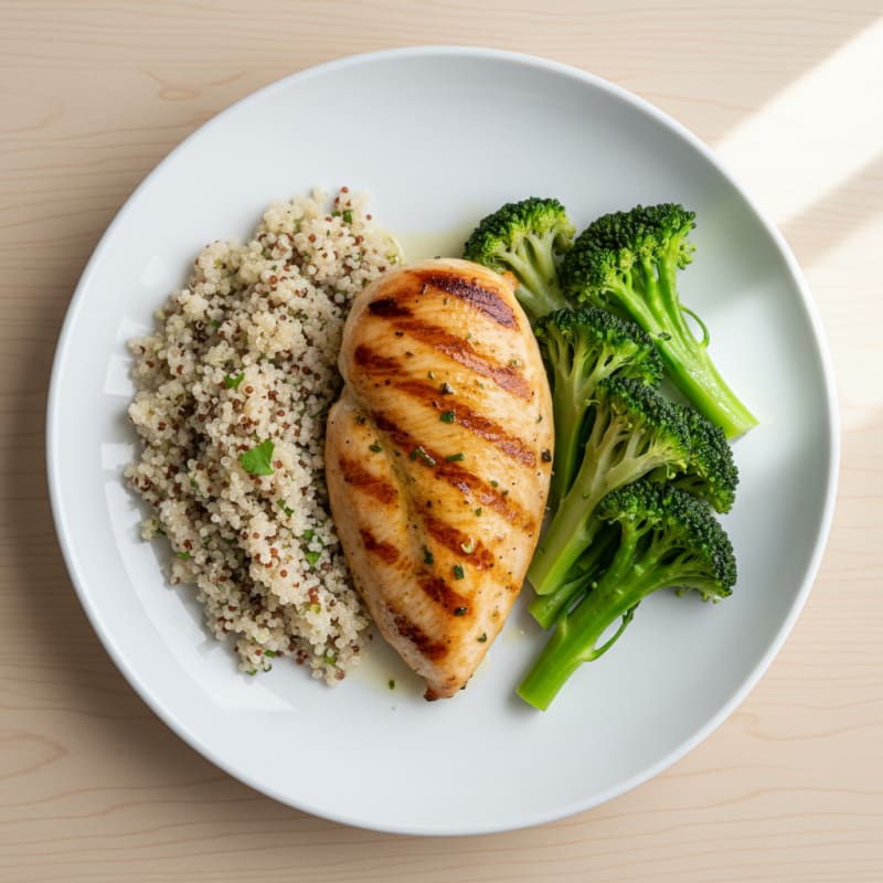 Grilled Chicken Breast with Steamed Broccoli and Quinoa
