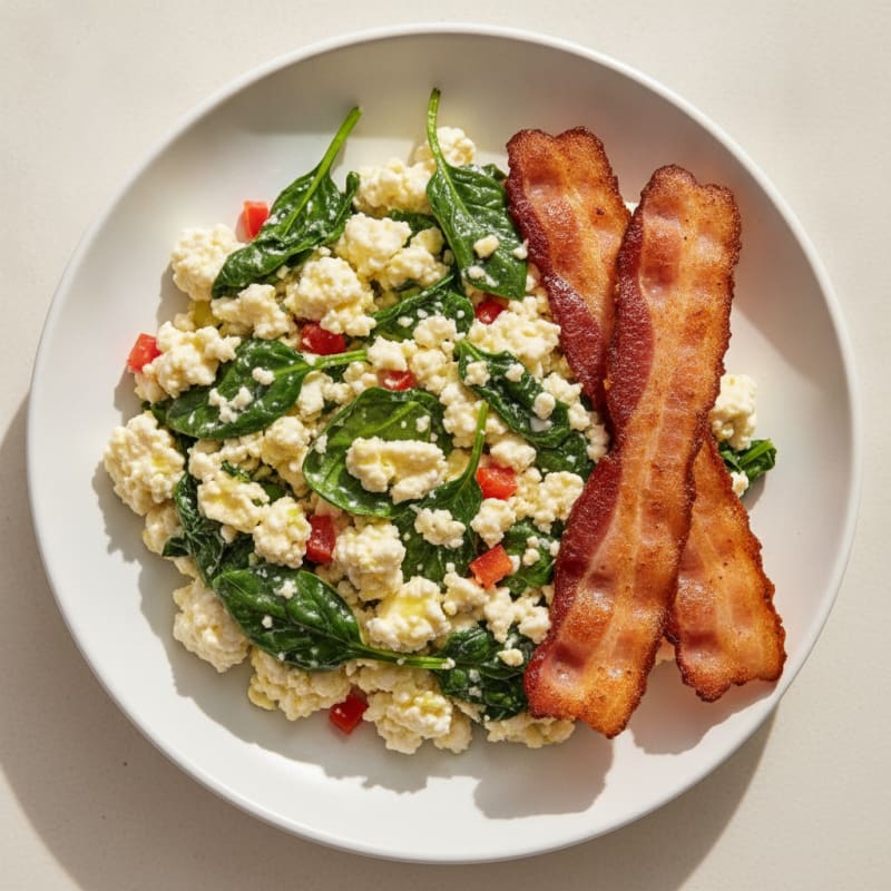Cottage Cheese Scramble with Spinach and Turkey Bacon
